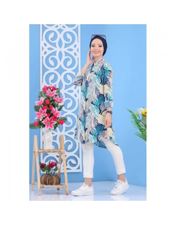 Chemise longue Grande Taille pour femme (100% coton) style décontracté à motifs "tropical" de couleur vert jaune et rouge 