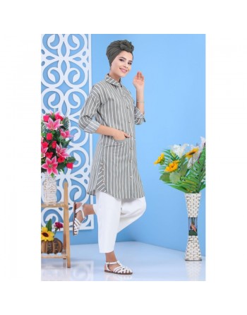 Chemise tunique à rayures blanches et vert kaki clair 