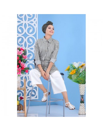 Chemise tunique à rayures blanches et vert kaki clair 