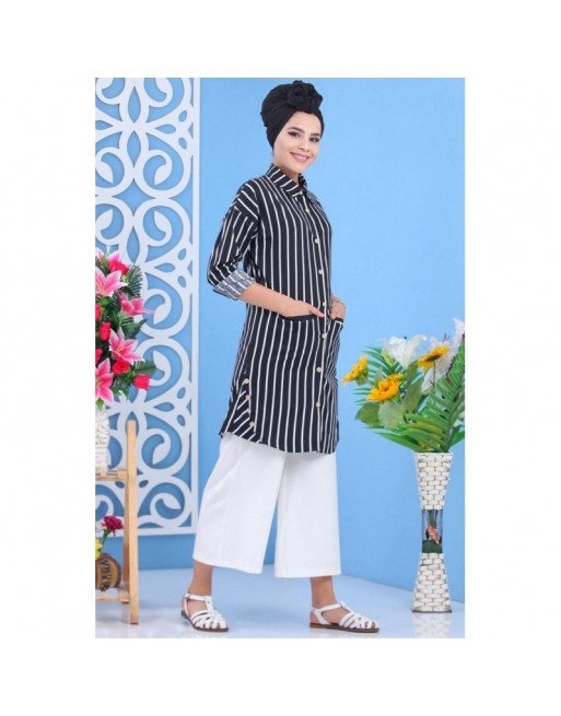 Chemise tunique à rayures blanches et noires Chemise tunique à rayures blanches et noires
