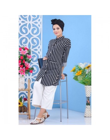 Chemise tunique à rayures blanches et noires 