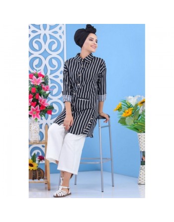 Chemise tunique à rayures blanches et noires 