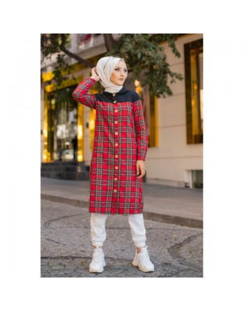 Tunique longue boutonnée à carreaux avec capuche (Vetement Turque pour femme voilée - Mode islamique) 