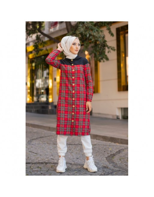 Tunique longue boutonnée à carreaux avec capuche (Vetement Turque pour femme voilée - Mode islamique) Tunique longue boutonnée à carreaux avec capuche (Vetement Turque pour femme voilée - Mode islamique)