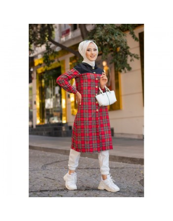 Tunique longue boutonnée à carreaux avec capuche (Vetement Turque pour femme voilée - Mode islamique) 