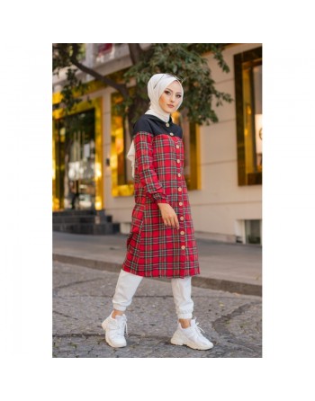 Tunique longue boutonnée à carreaux avec capuche (Vetement Turque pour femme voilée - Mode islamique) 