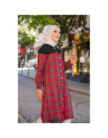Tunique longue boutonnée à carreaux avec capuche (Vetement Turque pour femme voilée - Mode islamique) 