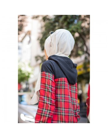 Tunique longue boutonnée à carreaux avec capuche (Vetement Turque pour femme voilée - Mode islamique) 