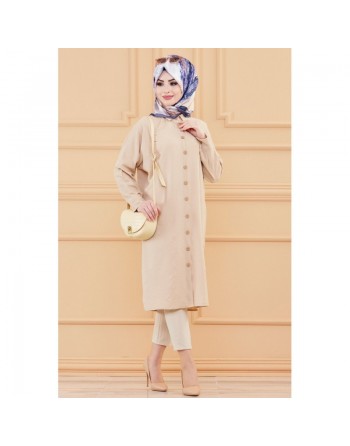 Tunique longue pour femme - Chemise boutonnée ample (Vetement mastour pour hijab)- Couleur beige 