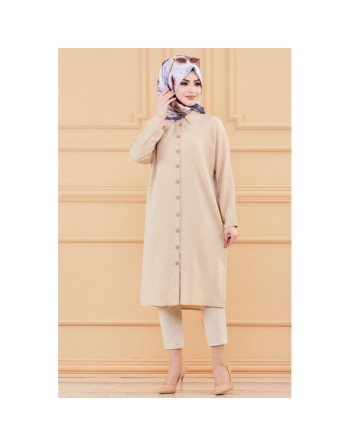Tunique longue pour femme - Chemise boutonnée ample (Vetement mastour pour hijab)- Couleur beige 