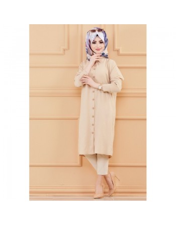 Tunique longue pour femme - Chemise boutonnée ample (Vetement mastour pour hijab)- Couleur beige 