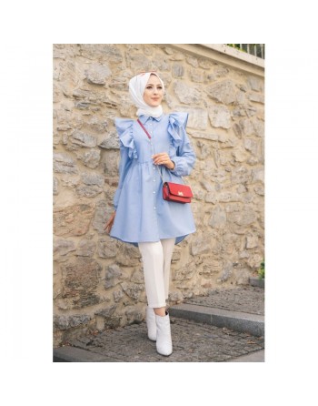 Tunique-chemise à volants ample pour femme (Vêtement pour Hijab) - Couleur des rayures bleu et blanc 