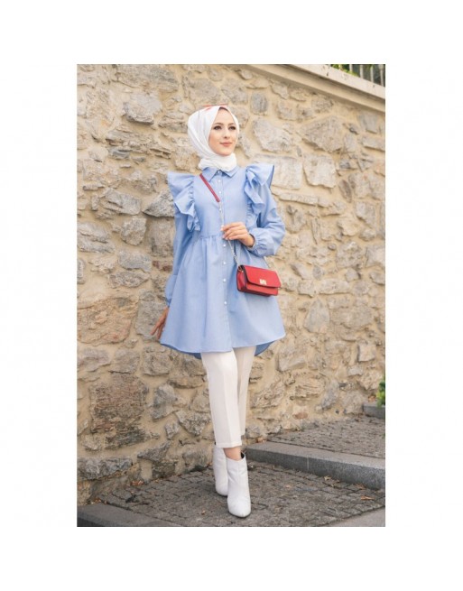 Tunique-chemise à volants ample pour femme (Vêtement pour Hijab) - Couleur des rayures bleu et blanc Tunique-chemise à volants ample pour femme (Vêtement pour Hijab) - Couleur des rayures bleu et blanc