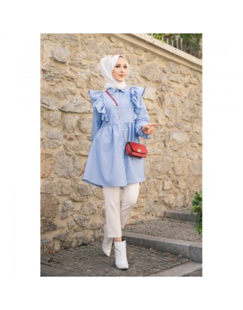 Tunique-chemise à volants ample pour femme (Vêtement pour Hijab) - Couleur des rayures bleu et blanc 