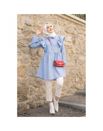 Tunique-chemise à volants ample pour femme (Vêtement pour Hijab) - Couleur des rayures bleu et blanc 