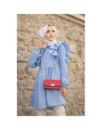 Tunique-chemise à volants ample pour femme (Vêtement pour Hijab) - Couleur des rayures bleu et blanc 