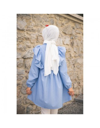 Tunique-chemise à volants ample pour femme (Vêtement pour Hijab) - Couleur des rayures bleu et blanc 