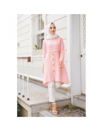 Tunique ample évasée boutonnée pour femme (Nouveauté Mode Musulmane) - Couleur rose poudré 