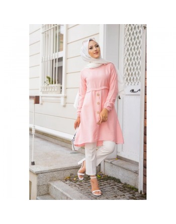 Tunique ample évasée boutonnée pour femme (Nouveauté Mode Musulmane) - Couleur rose poudré 