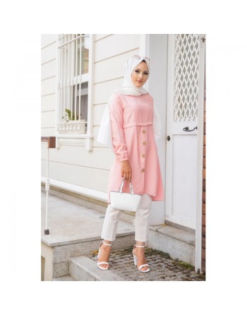 Tunique ample évasée boutonnée pour femme (Nouveauté Mode Musulmane) - Couleur rose poudré 