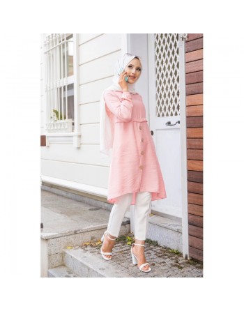 Tunique ample évasée boutonnée pour femme (Nouveauté Mode Musulmane) - Couleur rose poudré 