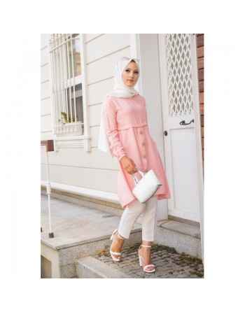 Tunique ample évasée boutonnée pour femme (Nouveauté Mode Musulmane) - Couleur rose poudré 