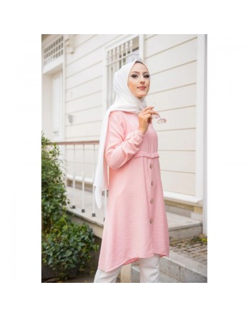 Tunique ample évasée boutonnée pour femme (Nouveauté Mode Musulmane) - Couleur rose poudré 