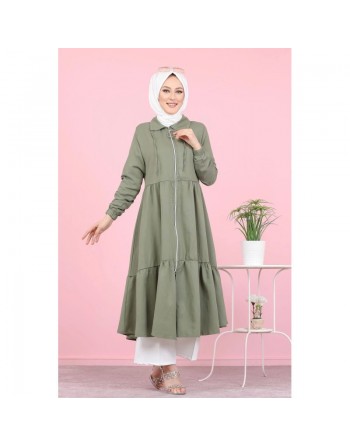 Veste zippée légère mi longue (Vetement ample pour femme voilée) - Couleur kaki 