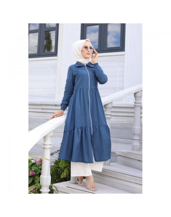 Veste zippée légère mi longue (Tenue ample pour femme voilée) - Couleur bleue pétrole 