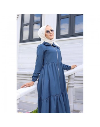 Veste zippée légère mi longue (Tenue ample pour femme voilée) - Couleur bleue pétrole 