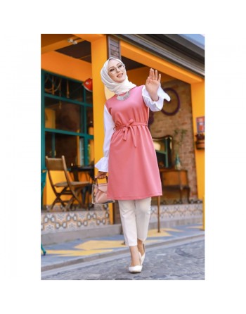Tunique à volants (Vetement Hijab pour femme voilée) - Couleur framboise et blanc 