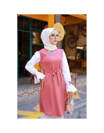 Tunique à volants (Vetement Hijab pour femme voilée) - Couleur framboise et blanc 