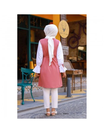 Tunique à volants (Vetement Hijab pour femme voilée) - Couleur framboise et blanc 