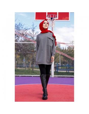 Tunique décontractée ample avec grande poche (Sweat femme Hijab) - Couleur gris foncé 