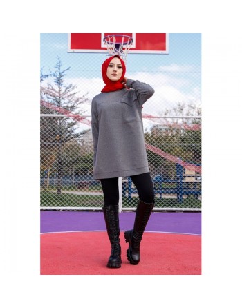 Tunique décontractée ample avec grande poche (Sweat femme Hijab) - Couleur gris foncé 