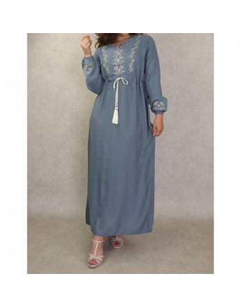 Robe longue brodée avec un lien à la taille pour femme - Couleur Gris 