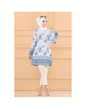 Tunique à motifs fleurs et arabesques pour femmes (Tenues Hijab Chic) - Couleur bleu 