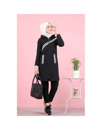 Veste sweat longue à capuche pour femme (Hijab sport en ligne) - Couleur noir 