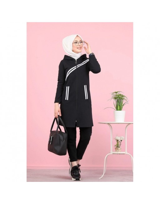 Veste sweat longue à capuche pour femme (Hijab sport en ligne) - Couleur noir Veste sweat longue à capuche pour femme (Hijab sport en ligne) - Couleur noir