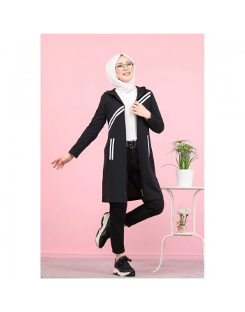 Veste sweat longue à capuche pour femme (Hijab sport en ligne) - Couleur noir 