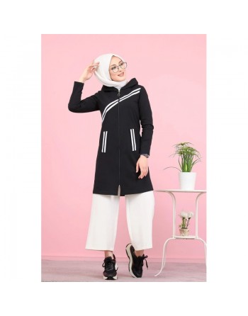 Veste sweat longue à capuche pour femme (Hijab sport en ligne) - Couleur noir 