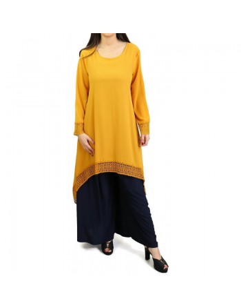 Tunique ample évasée avec dentelle pour femme - Couleur jaune moutarde 