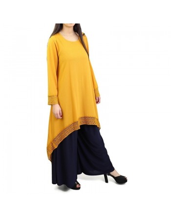 Tunique ample évasée avec dentelle pour femme - Couleur jaune moutarde 
