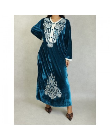 Robe longue effet velours avec broderies pour femme - Couleur Bleu canard 