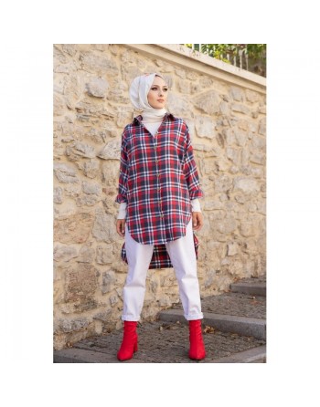 Chemise - Tunique à carreaux (Vêtement hijab pour femme) - Couleur noir et rouge 