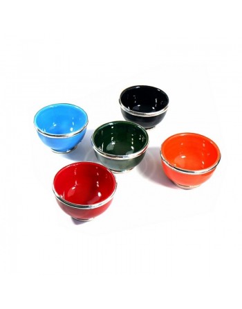 Bol moyen en poterie marocain de couleur bleu clair émaillé et cerclé de métal argenté 