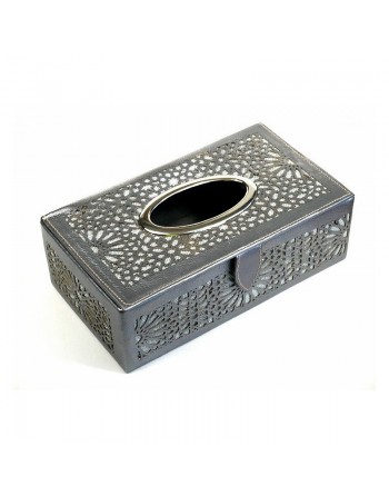 Boîte à mouchoirs décorative en cuir de fabrication artisanale marocaine de couleur gris 