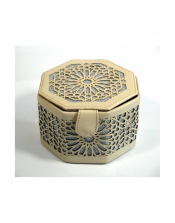 Boite de Rangement artisanale de forme octogonale en cuir avec des jolies motifs argentés - Couleur beige 