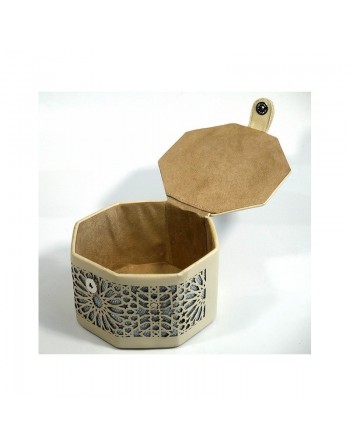 Boite de Rangement artisanale de forme octogonale en cuir avec des jolies motifs argentés - Couleur beige 