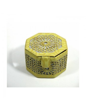 Boite de Rangement artisanale de forme octogonale en cuir avec des jolies motifs argentés - Couleur jaune 